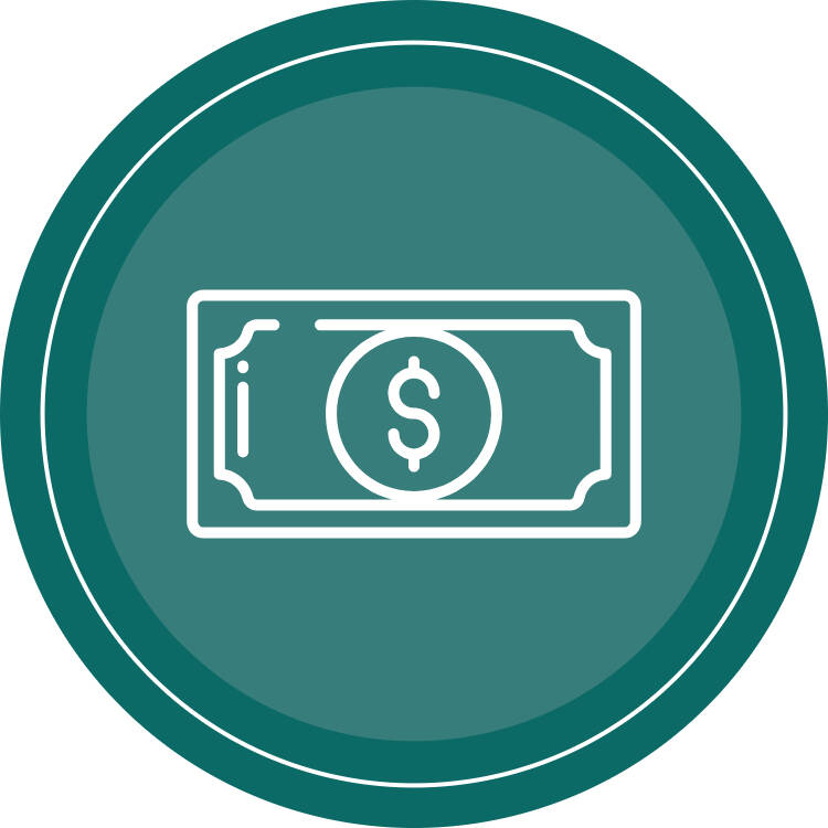 Financial wellness round icon, with a blue-green background and a dollar bill icon in the center